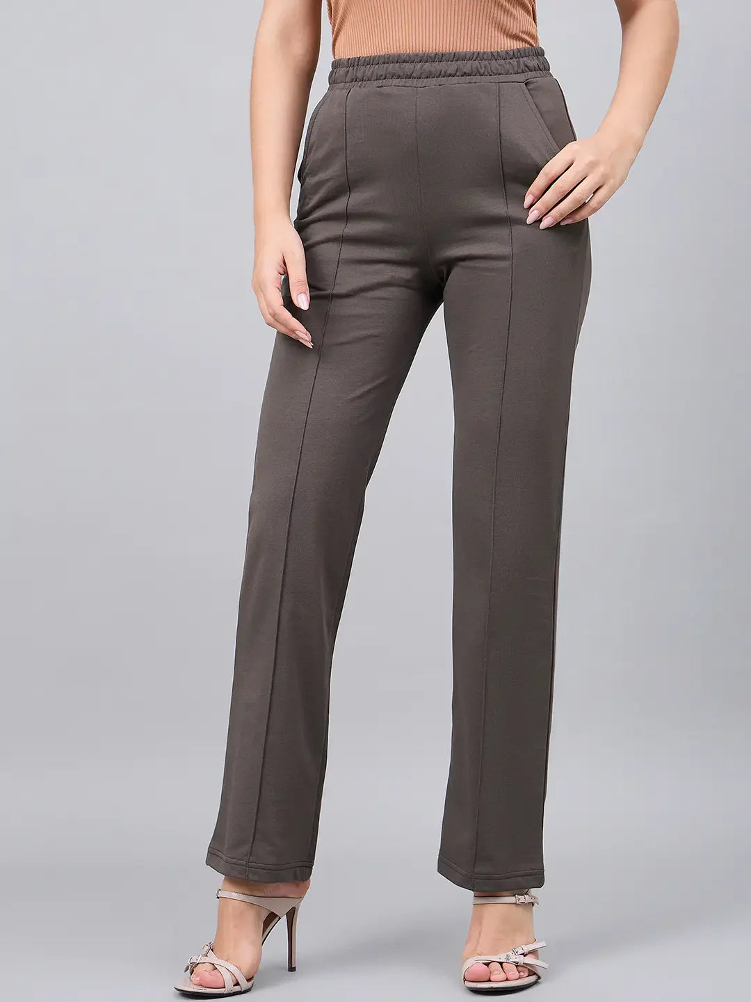 Women’s Olive Straight Fit Cotton Stretchable Trousers | Trendy Comfortable Workwear Pants