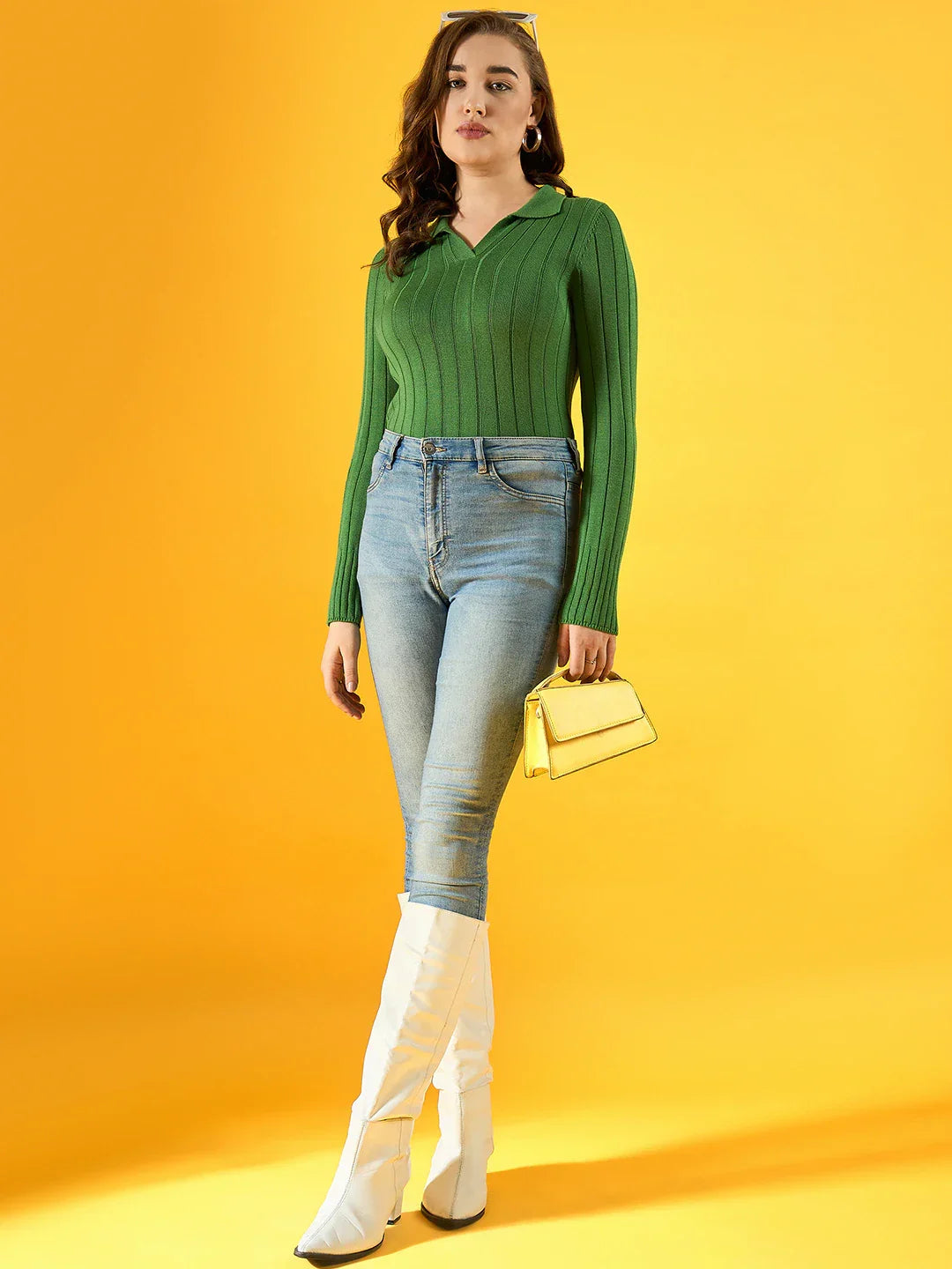 Women’s Parrot Green Melange Ribbed Collar Sweater – Vibrant Winter Knitwear for Women India