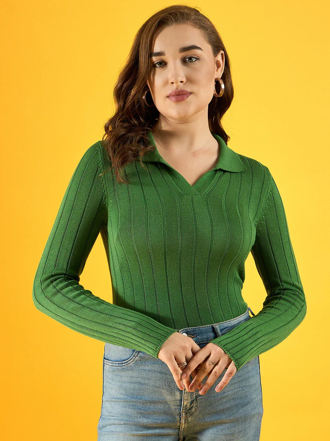 Women’s Parrot Green Melange Ribbed Collar Sweater – Vibrant Winter Knitwear for Women India