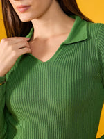 Woman in 98degreenorth’s Parrot Green Ribbed Stretchable Collar Sweater—Long Sleeve Winter Knit Top.