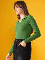 Woman wears 98degreenorth Parrot Green Ribbed Collar Sweater with black jeans, standing against a yellow background.