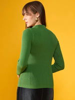 A woman with long brown hair models a 98degreenorth parrot green ribbed sweater, facing away on a yellow background.