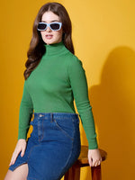 Woman wears 98degreenorth’s parrot green ribbed turtle-neck pullover, rocking knit street style in India.