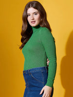 Woman in a 98degreenorth Parrot Green Turtle-Neck Ribbed Pullover poses stylishly against a yellow background.