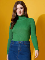 Woman wears 98degreenorth Parrot Green Turtle-Neck Ribbed Pullover with denim skirt against a yellow background.