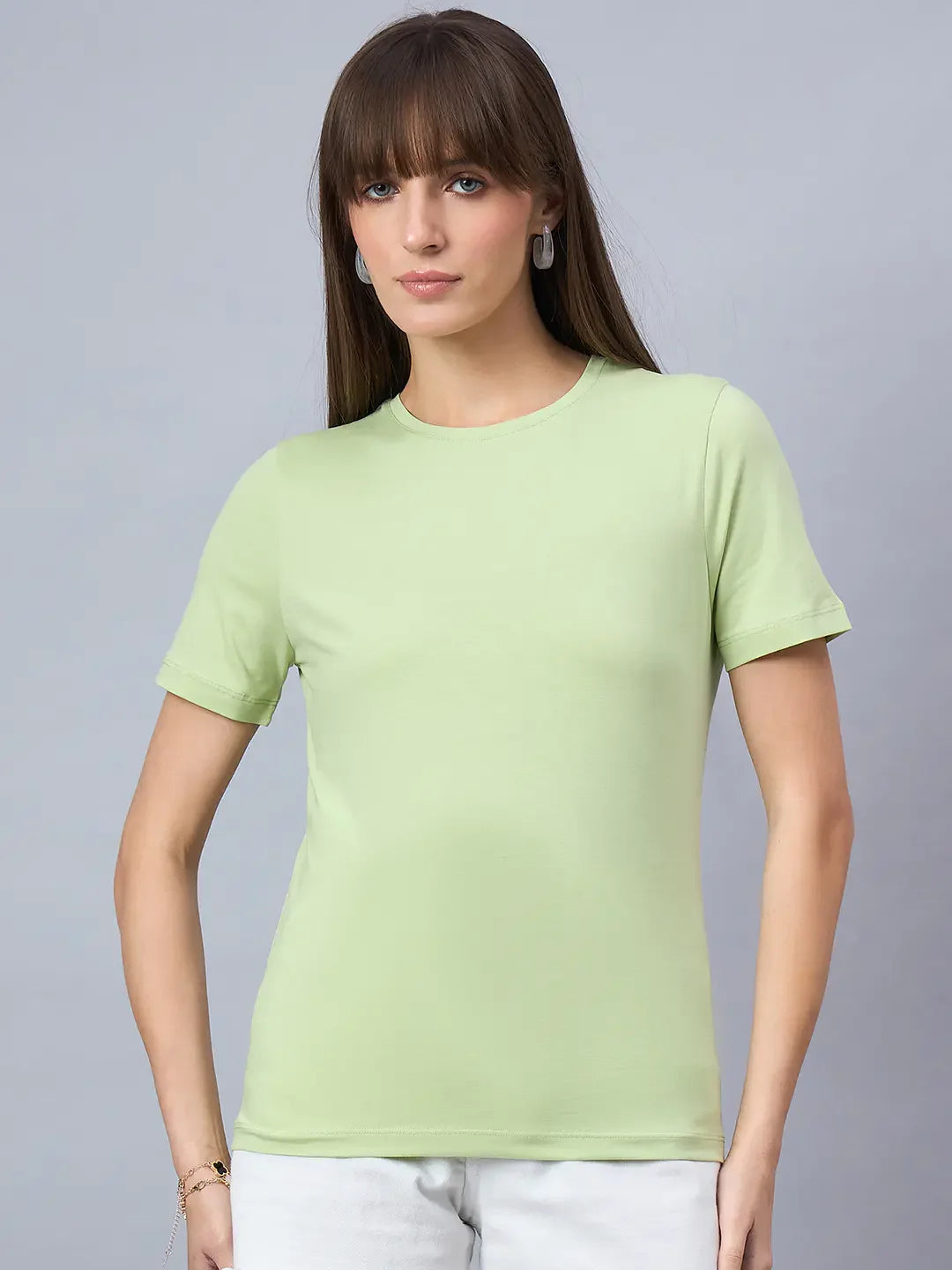 Women’s Pastel Green Round Neck Short Sleeve T-Shirt – Soft Casual Top for Women in India