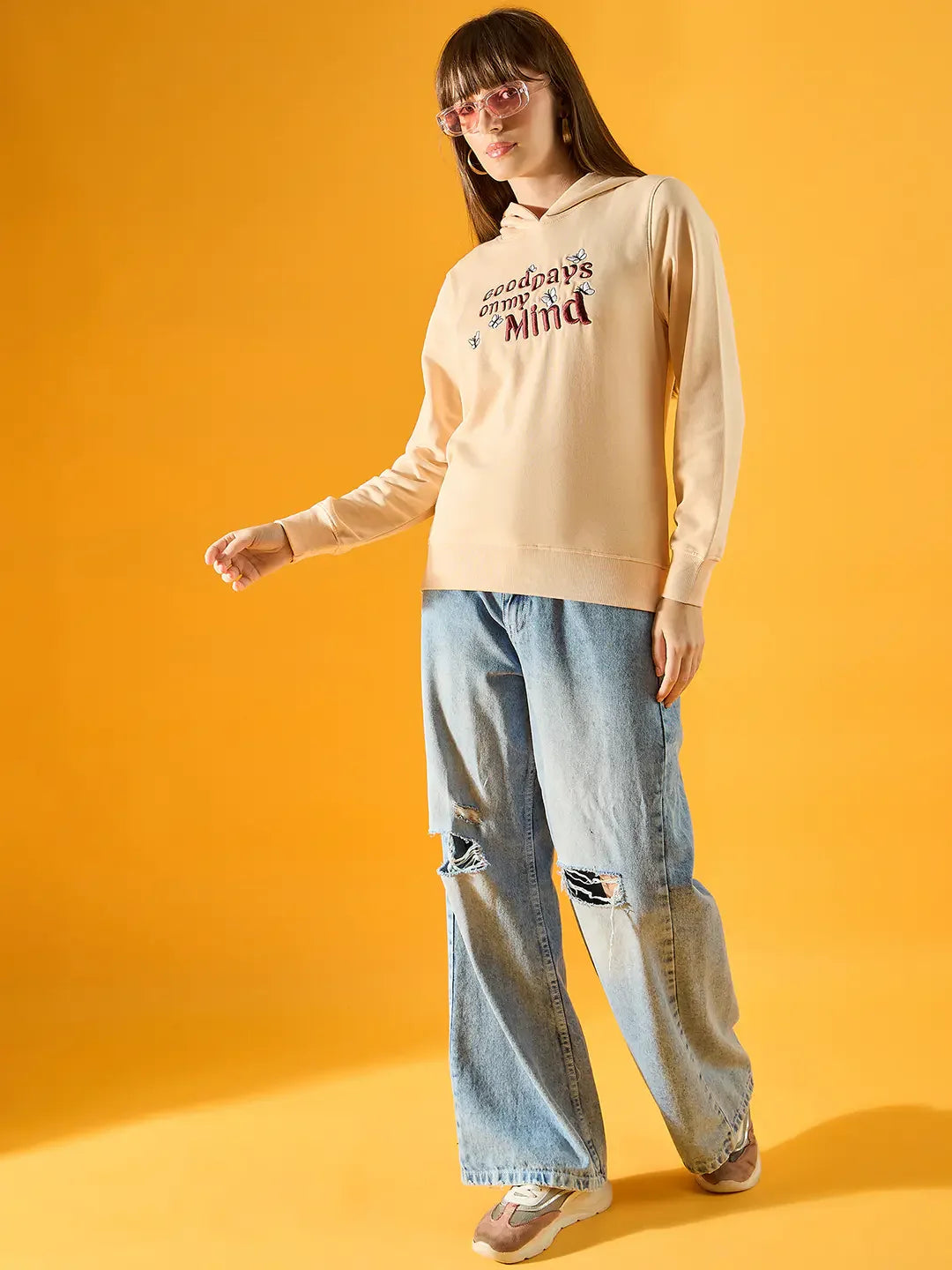 Women’s Peach Hoodie Sweatshirt with Butterfly Embroidery – Good Days on My Mind Quote
