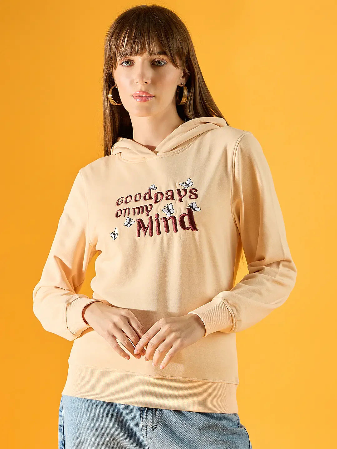 Women’s Peach Hoodie Sweatshirt with Butterfly Embroidery – Good Days on My Mind Quote