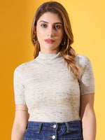 A woman in a 98degreenorth pista green slim fit ribbed half sleeve winter top stands against a yellow background.