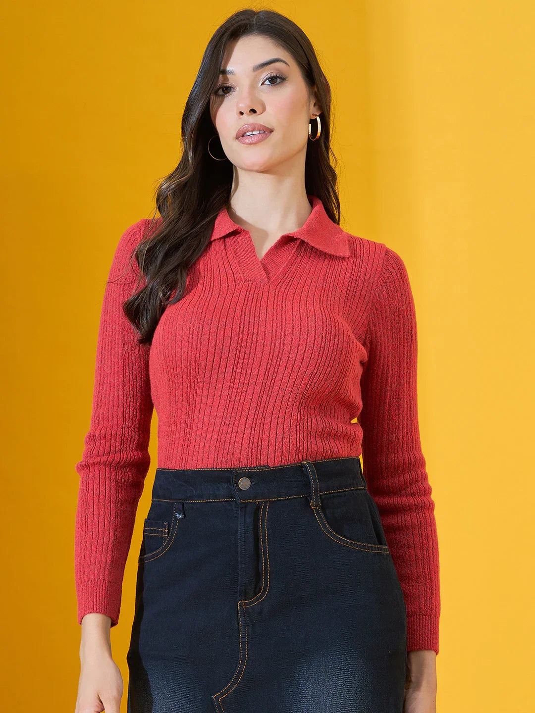 Women’s Red Melange Ribbed Collar Neck Sweater – Trendy Slim Fit Winterwear India