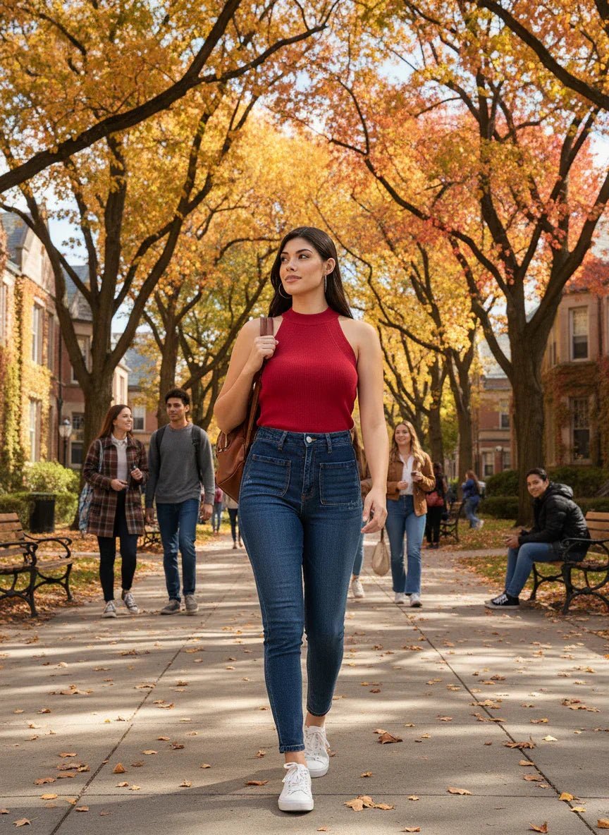 A woman in a 98degreenorth red ribbed halter neck sleeveless knit top walks along a tree-lined campus in autumn.