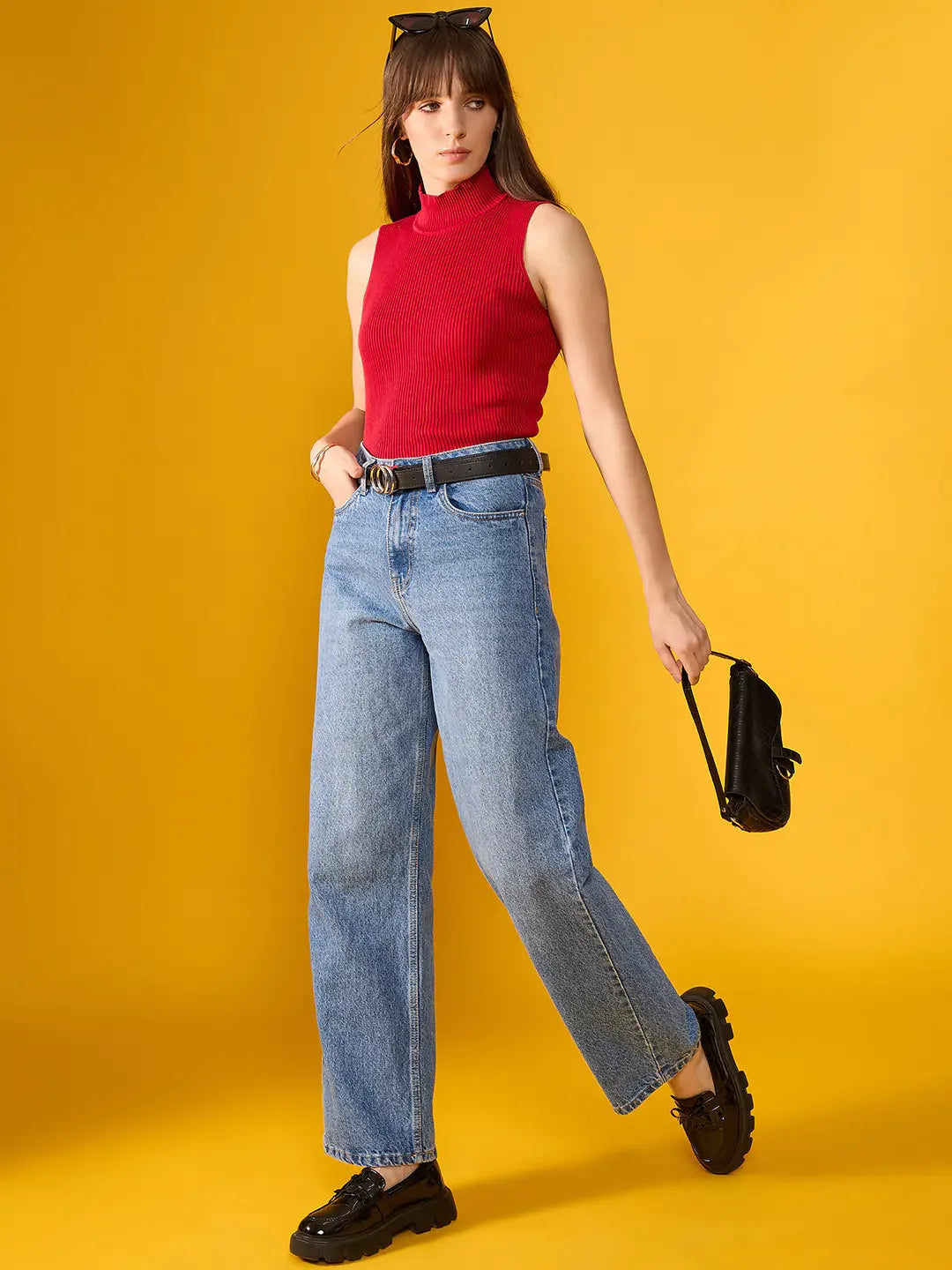Women’s Red Ribbed High Neck Sleeveless Knit Top – Slim Fit Mock Neck Tank for Party & Daily Wear