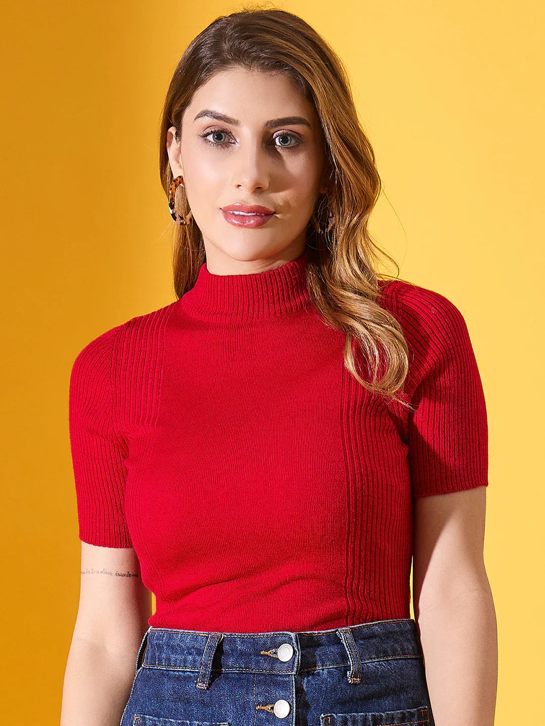 Women’s Red Ribbed Turtle Neck Sweater – Slim Fit Stretchable Half Sleeve Winter Knit Top for Festive, Casual & Office Styling India