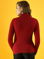 Woman in 98degreenorth’s red ribbed turtleneck sweater faces away, set against a yellow background.