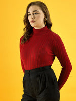 Model wears 98degreenorth’s Red Ribbed Turtleneck Stretchable Sweater, perfect for festive Indian winter fashion.