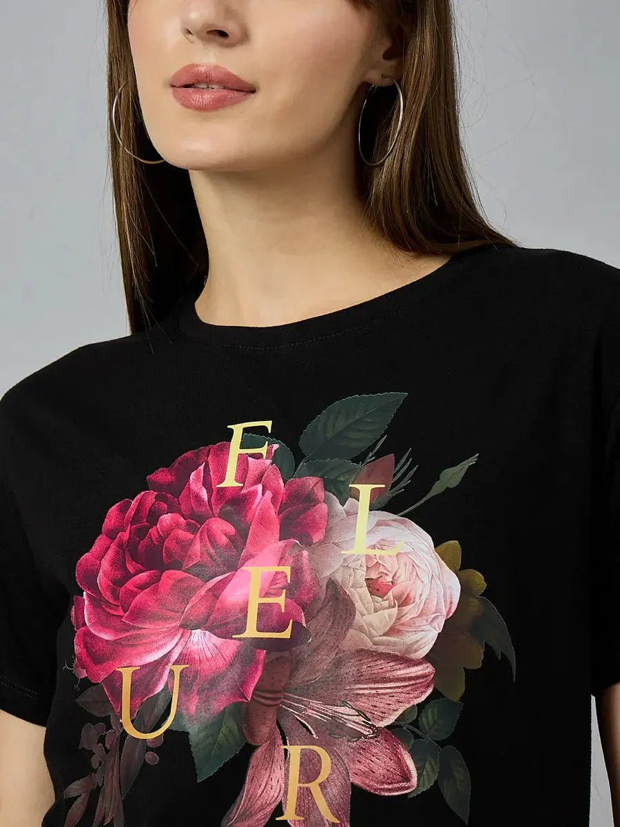 A woman in a 98degreenorth Women’s Regular Fit Typography Print Cotton T-shirt – Everyday Wear.