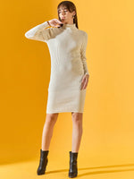 Woman in 98degreenorth Women’s Ribbed Knitted Bodycon Dress – Off-White poses against a yellow background.