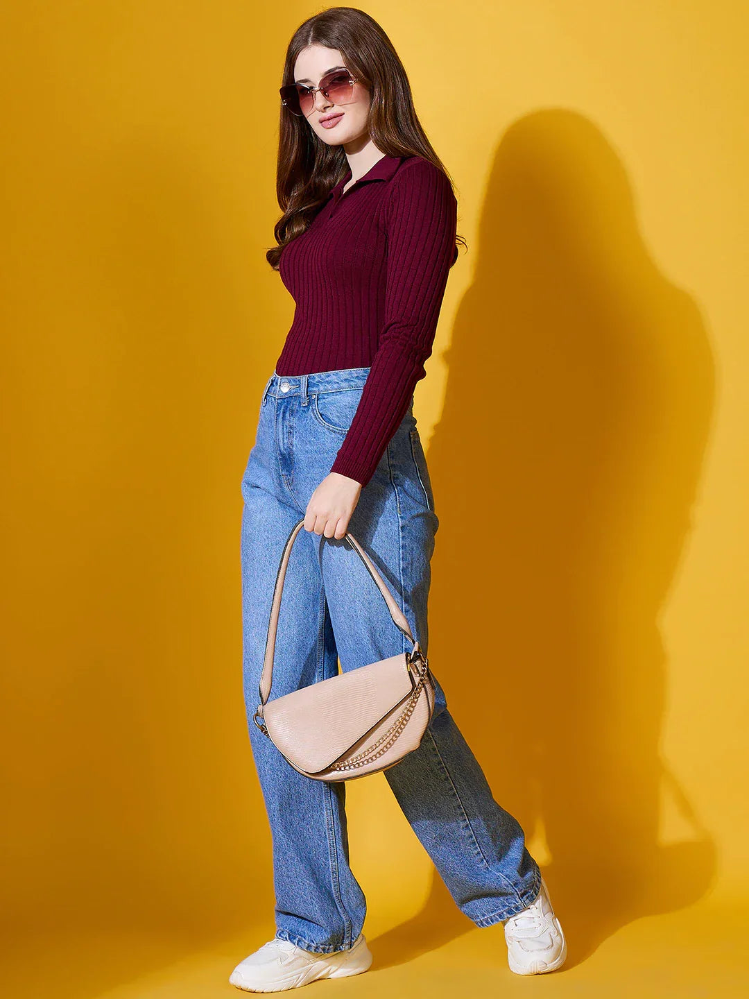 Women’s Rosewood Ribbed Collar Neck Sweater – Elegant Slim Fit Winter Top India