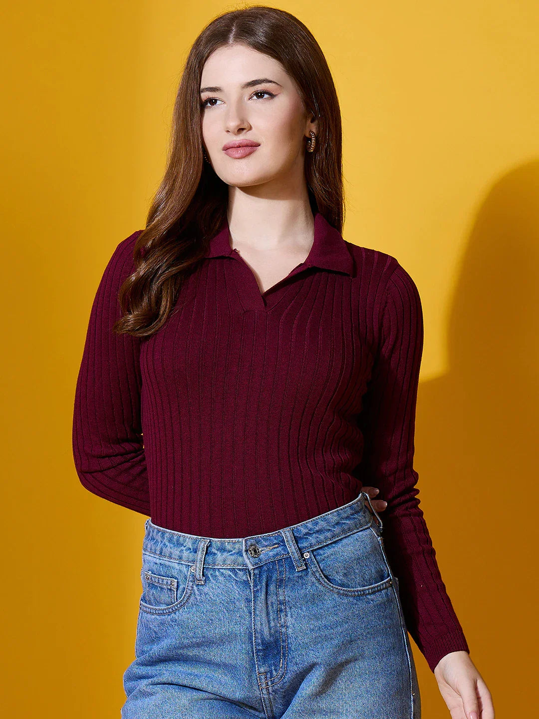 Women’s Rosewood Ribbed Collar Neck Sweater – Elegant Slim Fit Winter Top India