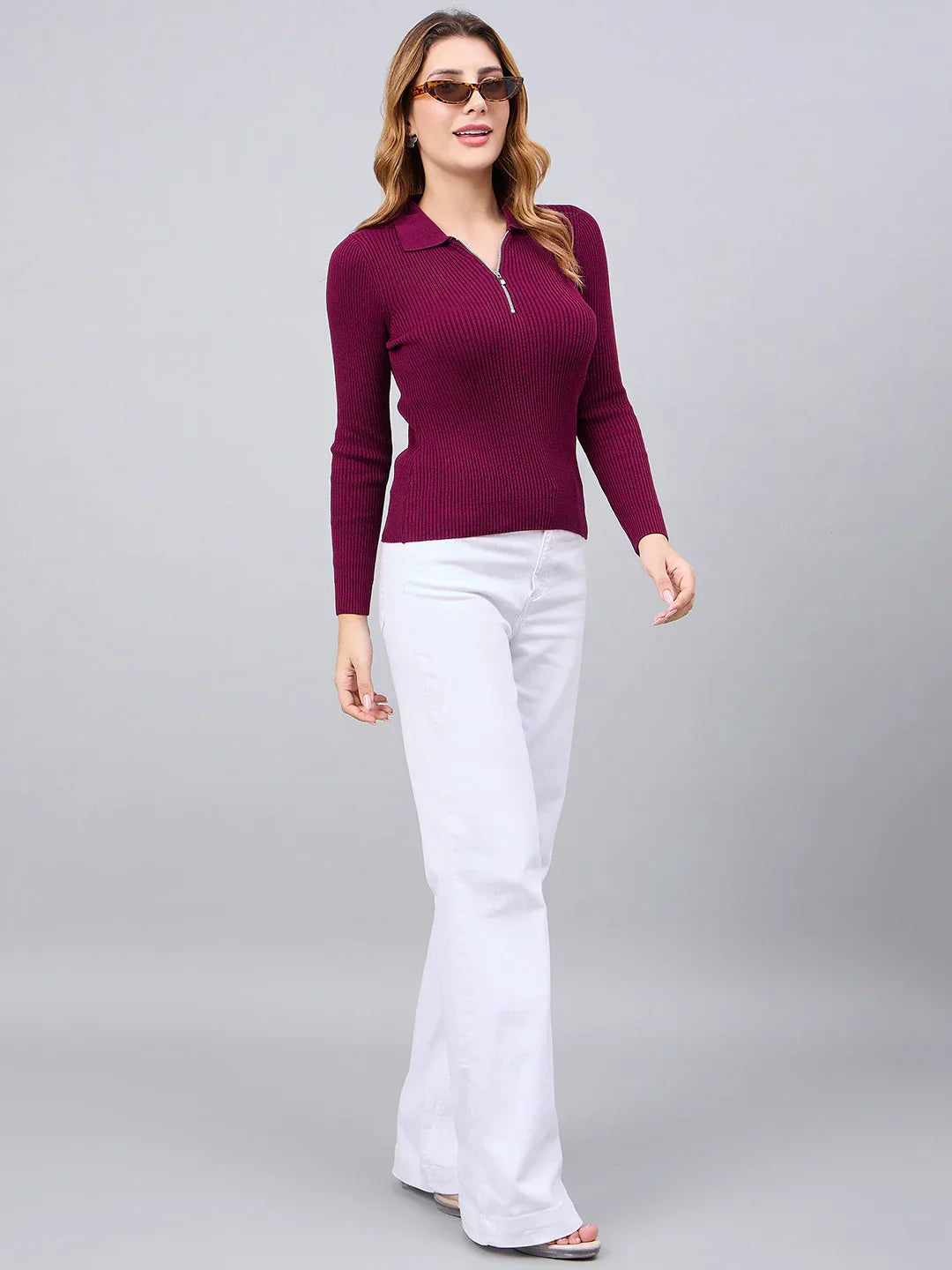 Women's Rosewood Ribbed Collar Zipper Sweater – Chic Slim Fit Long Sleeve Knitwear for Stylish Everyday Looks