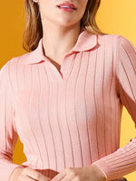 Woman in a 98degreenorth Salmon Ribbed Collar Neck Sweater. Shop soft knit slim fit winter tops online India.