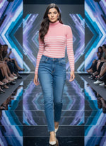 A woman wears the 98degreenorth Women’s Salmon Ribbed Turtleneck Sweater with blue jeans on a runway.