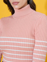 Woman in 98degreenorth Women's Salmon Ribbed Turtleneck Sweater, winter fashion, on a yellow background.