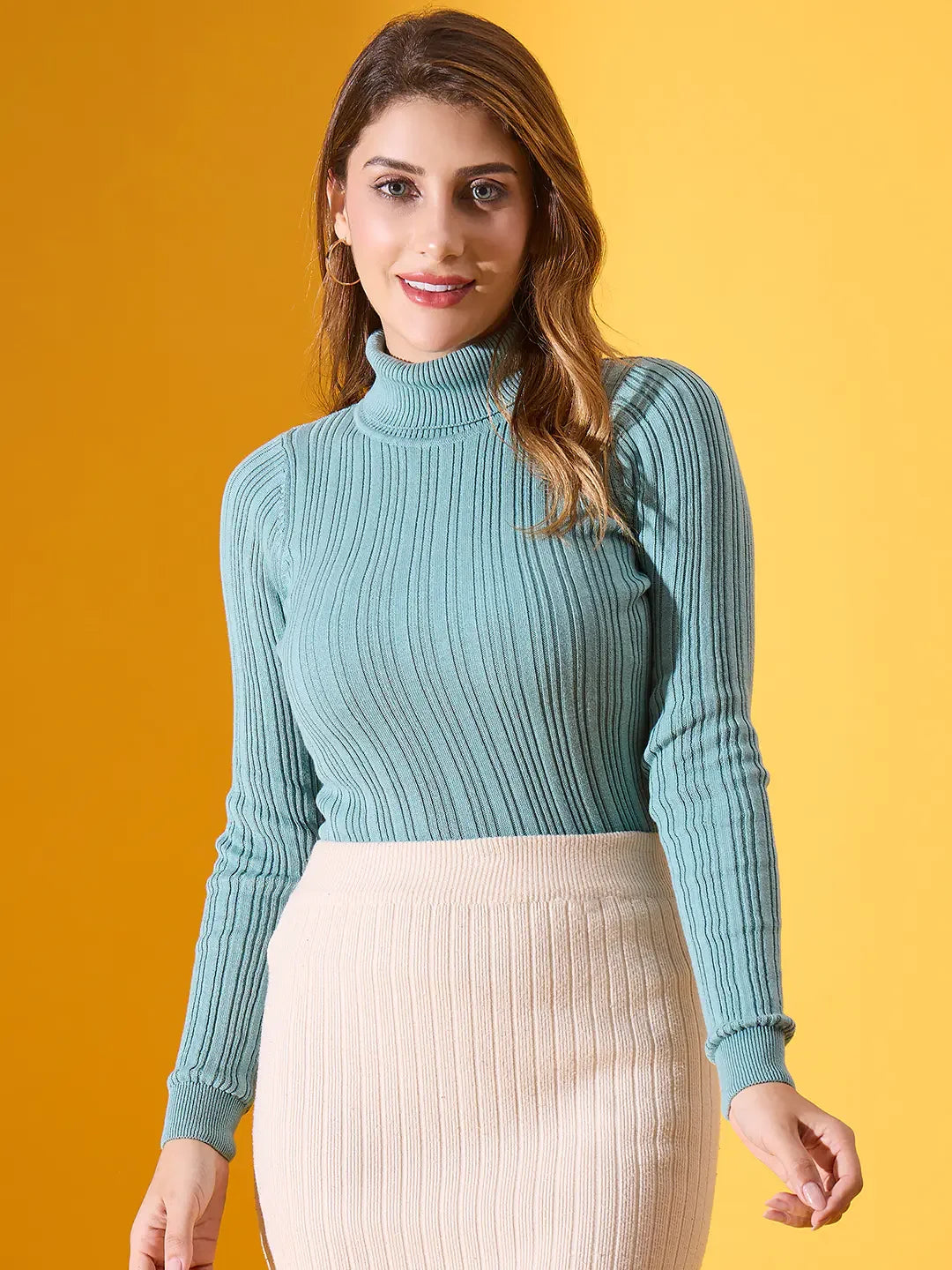 Women’s Sea Green Ribbed Turtleneck Stretchable Sweater – Fresh Slim Fit High Neck Pullover – Cozy Winter Outfit for Indian Climate