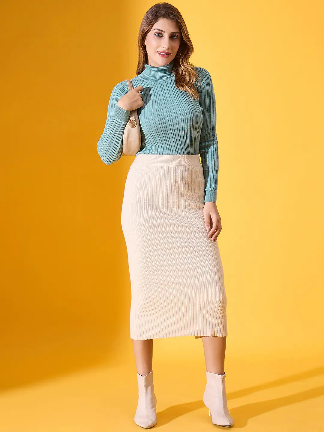 Women’s Sea Green Ribbed Turtleneck Stretchable Sweater – Fresh Slim Fit High Neck Pullover – Cozy Winter Outfit for Indian Climate