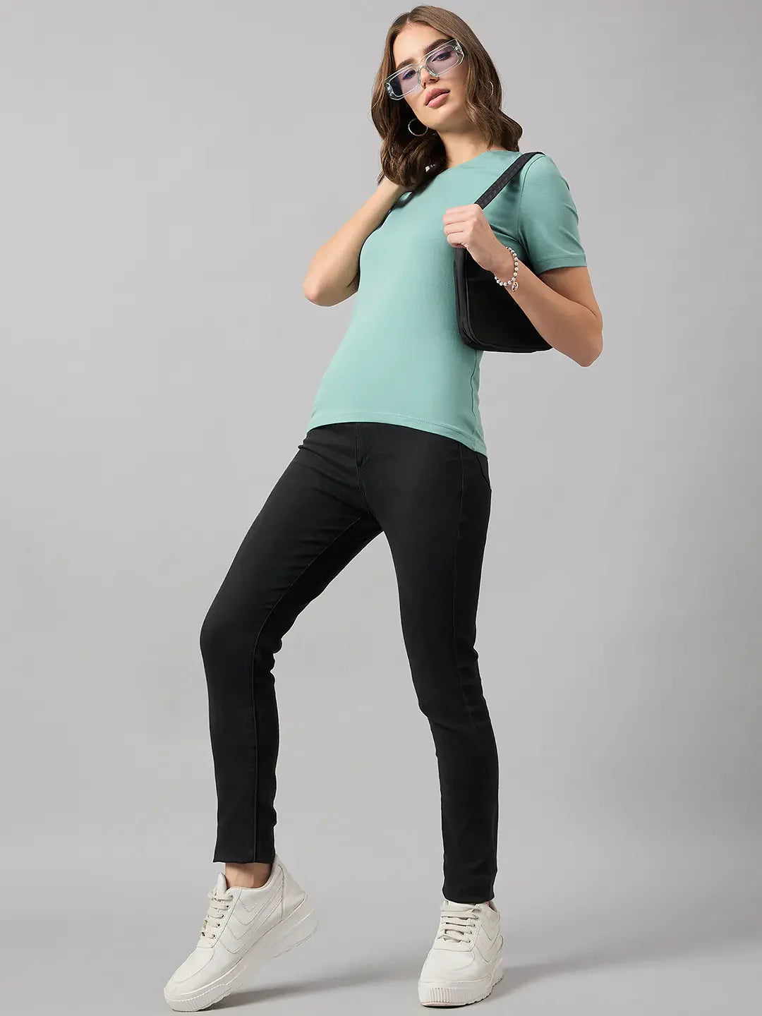 Women’s Sea Green Round Neck Short Sleeve T-Shirt – Stylish Summer Casual Western Wear in India