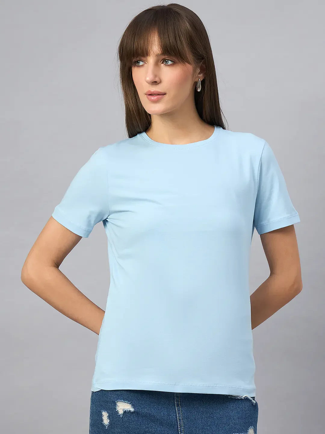 Women’s Sky Blue Round Neck Short Sleeve T-Shirt – Light Everyday Casual Wear for Women in India