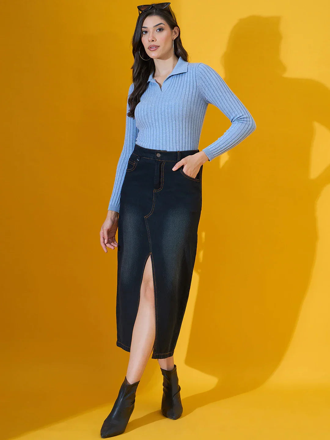 Women’s Sky Melange Ribbed Collar Neck Sweater – Soft Slim Fit Winter Top India