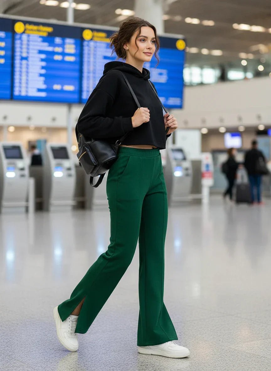 A woman in 98degreenorth Women’s Smiley Green Flared Bootcut Sweatpants walks through an airport terminal.