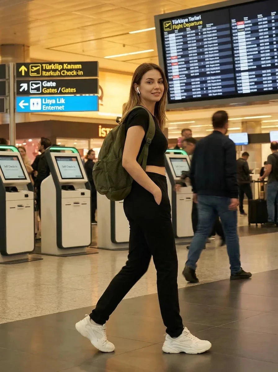 A woman in 98degreenorth Women's Straight Fit Black Cotton Trackpants smiles while walking through an airport terminal.