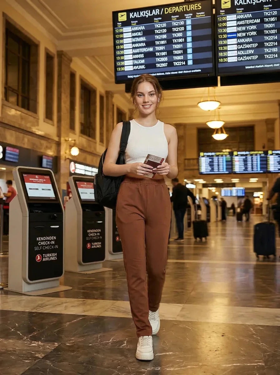 A woman in 98degreenorth Women's Straight Fit Cotton Trackpants in Rust walks through an airport with backpack and passport.