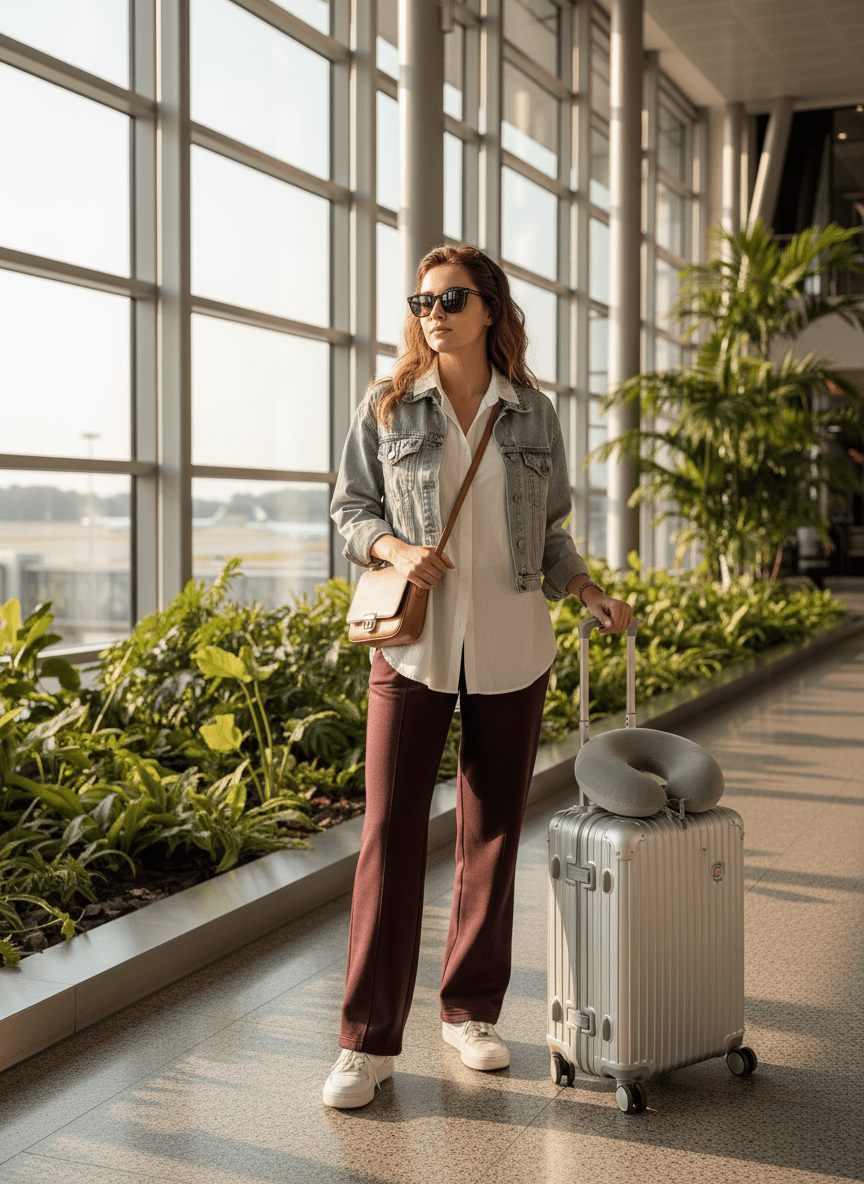 A woman in 98degreenorth Women’s Straight Fit Fleece Sweatpants in Dark Wine enjoys warmth at a bright airport terminal.