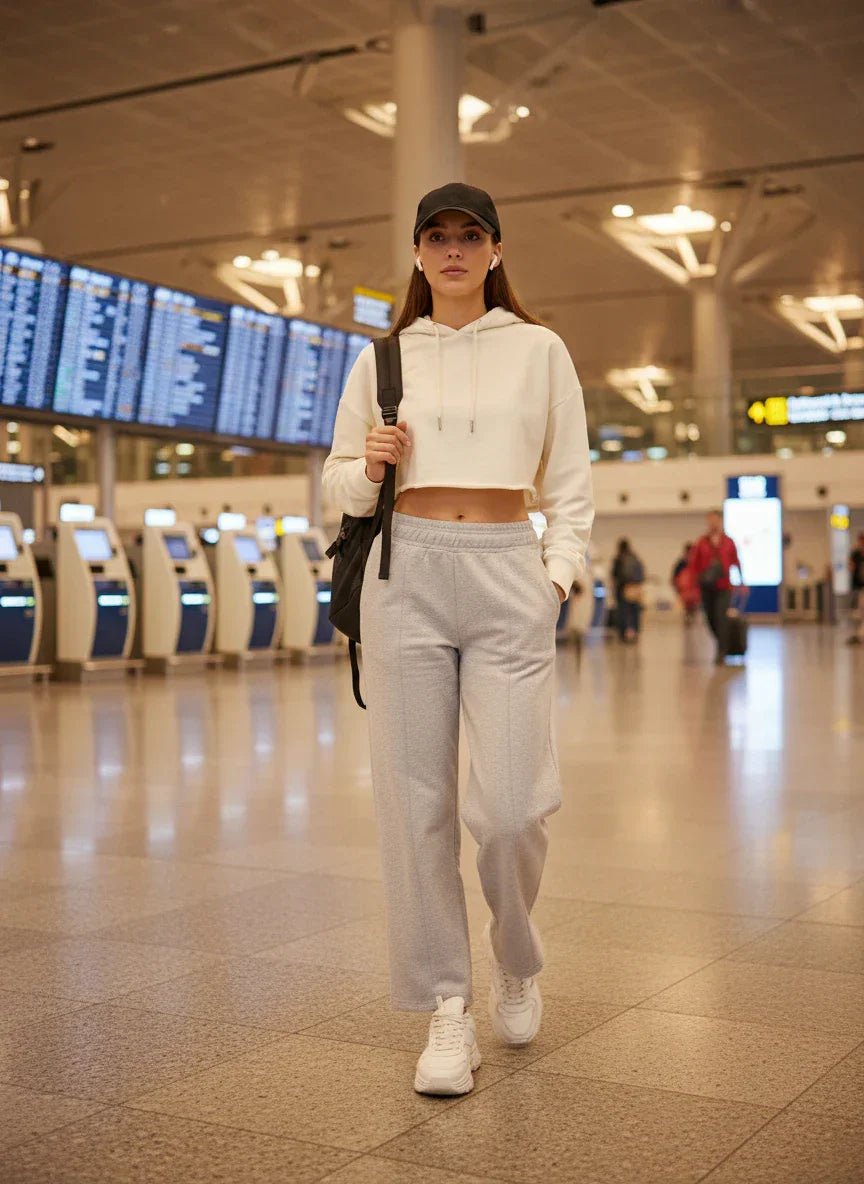 Woman in 98degreenorth Women’s Straight Fit Fleece Sweatpants in Light Grey walks by airport self-check-in kiosks.