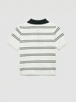 Back view of 98degreenorth Women's Striped Knit Polo Top in white & navy, short sleeves, button detail.