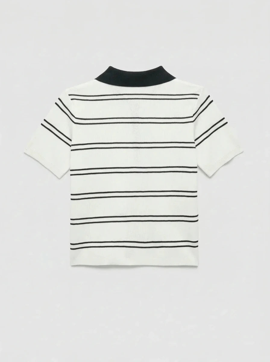 Back view of 98degreenorth Women's Striped Knit Polo Top in white & navy, short sleeves, button detail.