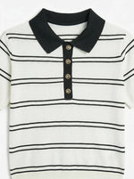 98degreenorth Women's Striped Knit Polo Top in White & Navy features short sleeves, buttons, and a preppy chic style.