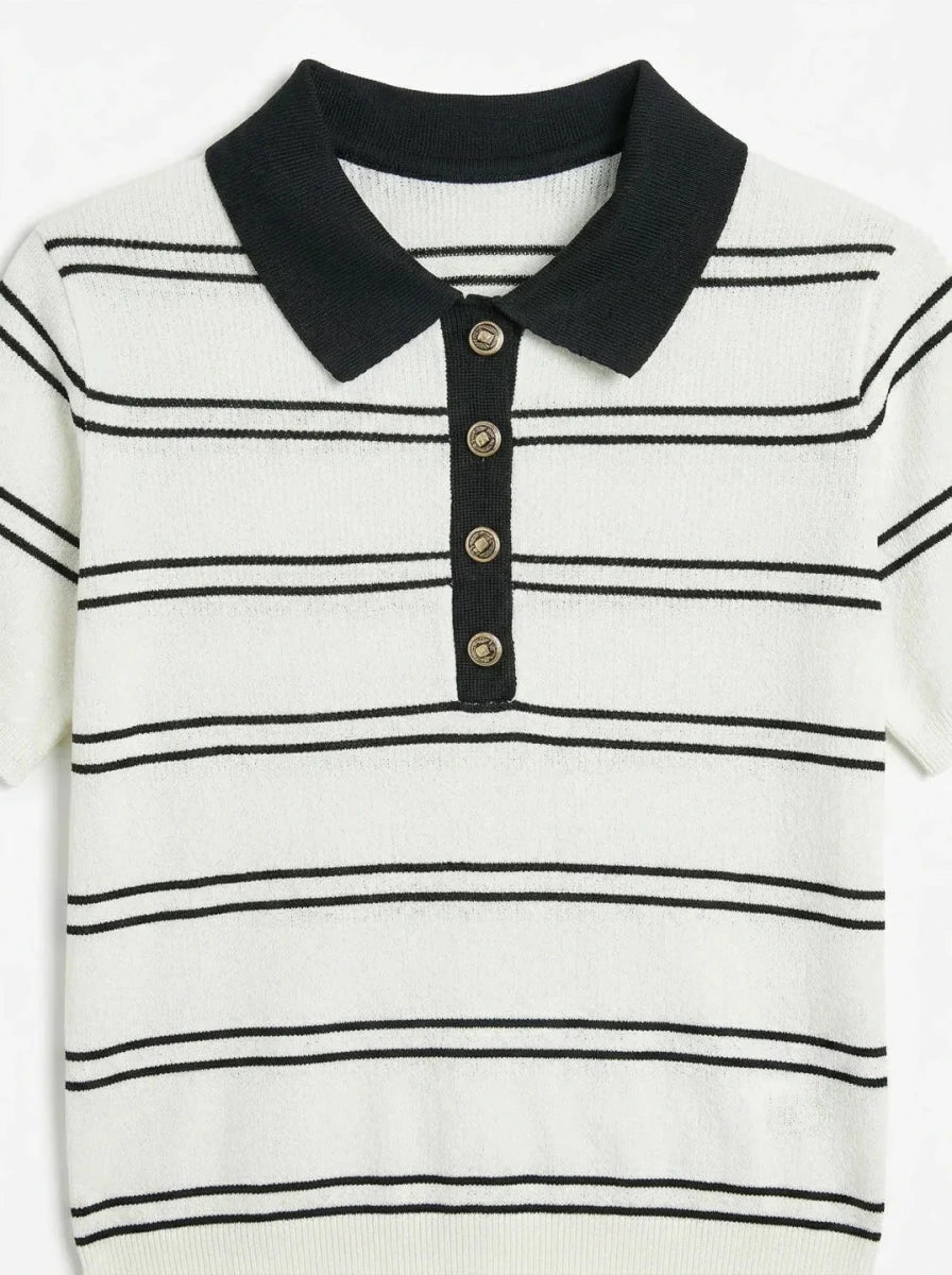 98degreenorth Women's Striped Knit Polo Top in White & Navy features short sleeves, buttons, and a preppy chic style.
