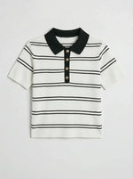 98degreenorth Women's Striped Knit Polo Top in White & Navy features short sleeves, buttons, and a chic preppy style.