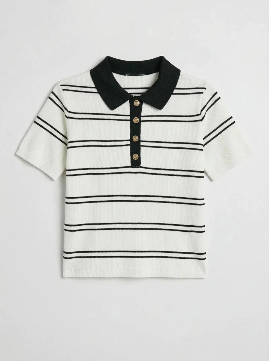 98degreenorth Women's Striped Knit Polo Top in White & Navy features short sleeves, buttons, and a chic preppy style.