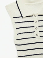 Nautical style shines in 98degreenorth’s Women’s Striped Knit Polo Vest—white & navy, sleeveless, with button-up front.