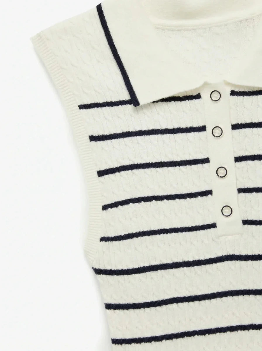 Nautical style shines in 98degreenorth’s Women’s Striped Knit Polo Vest—white & navy, sleeveless, with button-up front.