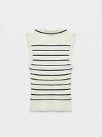98degreenorth Women's Striped Knit Polo Vest in white & navy, sleeveless button-up with ribbed collar.