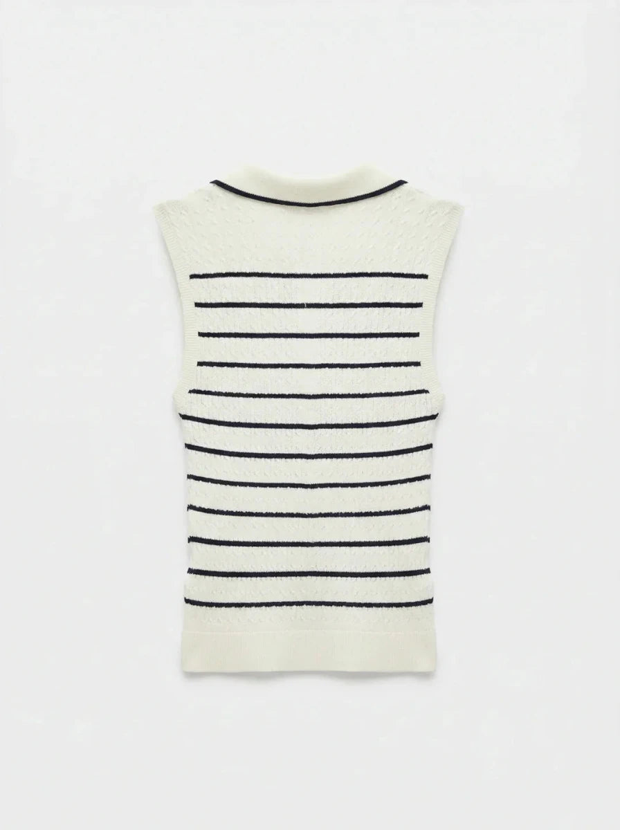 98degreenorth Women's Striped Knit Polo Vest in white & navy, sleeveless button-up with ribbed collar.