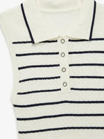 98degreenorth Women's Striped Knit Polo Vest is a sleeveless, button-up top in white & navy with a classic collar.