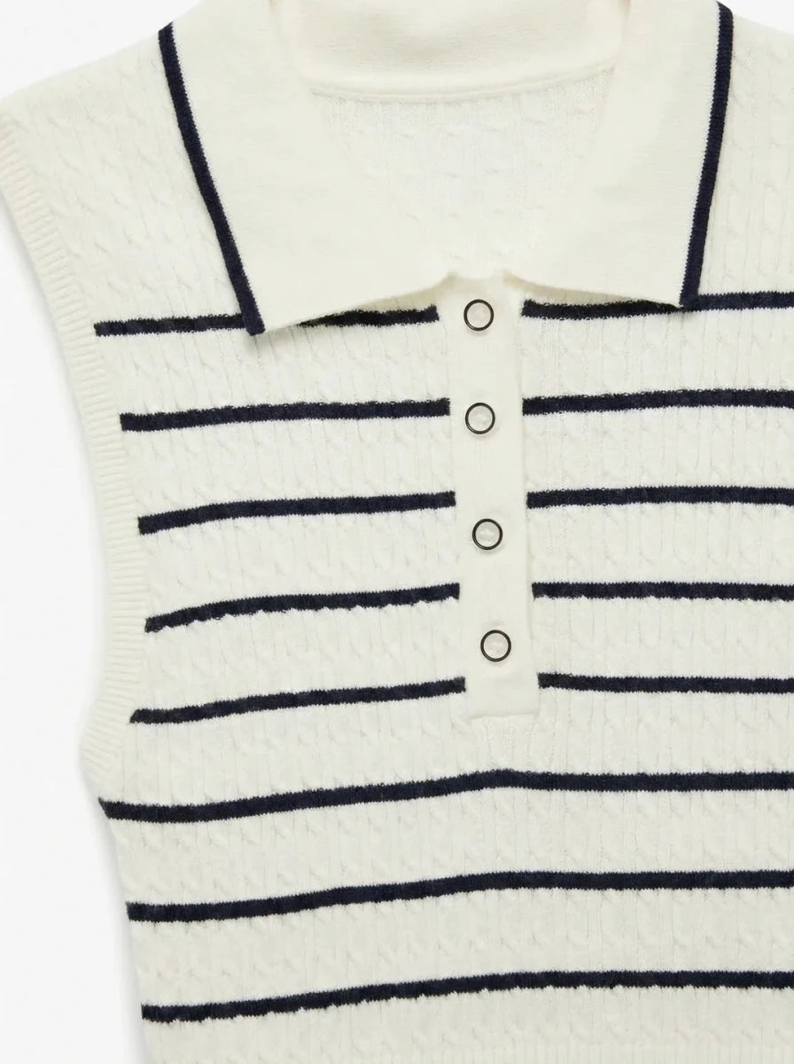 98degreenorth Women's Striped Knit Polo Vest is a sleeveless, button-up top in white & navy with a classic collar.