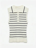 98degreenorth Women's Striped Knit Polo Vest in white & navy, a sleeveless button-up top with nautical flair.